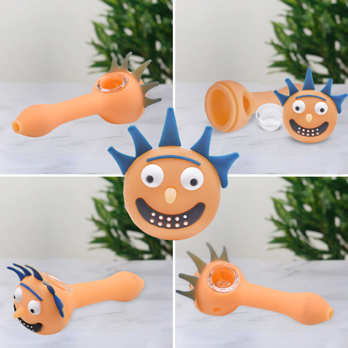 Silicone Smoking Pipe, Unbreakable with Glass Bowl, Rick Morty, White Orange