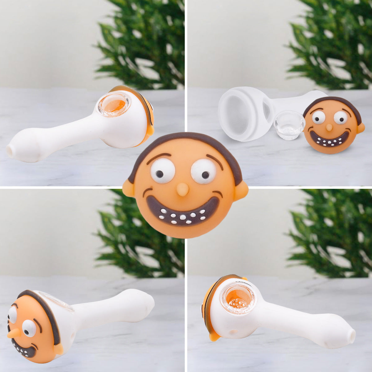 Silicone Smoking Pipe, Unbreakable with Glass Bowl, Rick Morty-2, White
