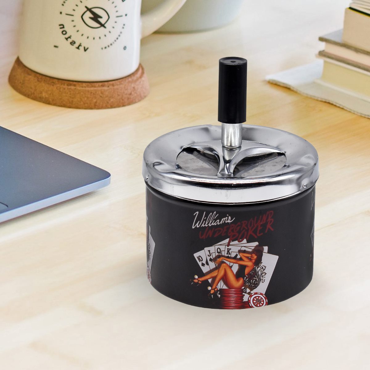 Kookee Smokeless Metal Tin Push Down Ashtray, Round, Williams Underground Poker