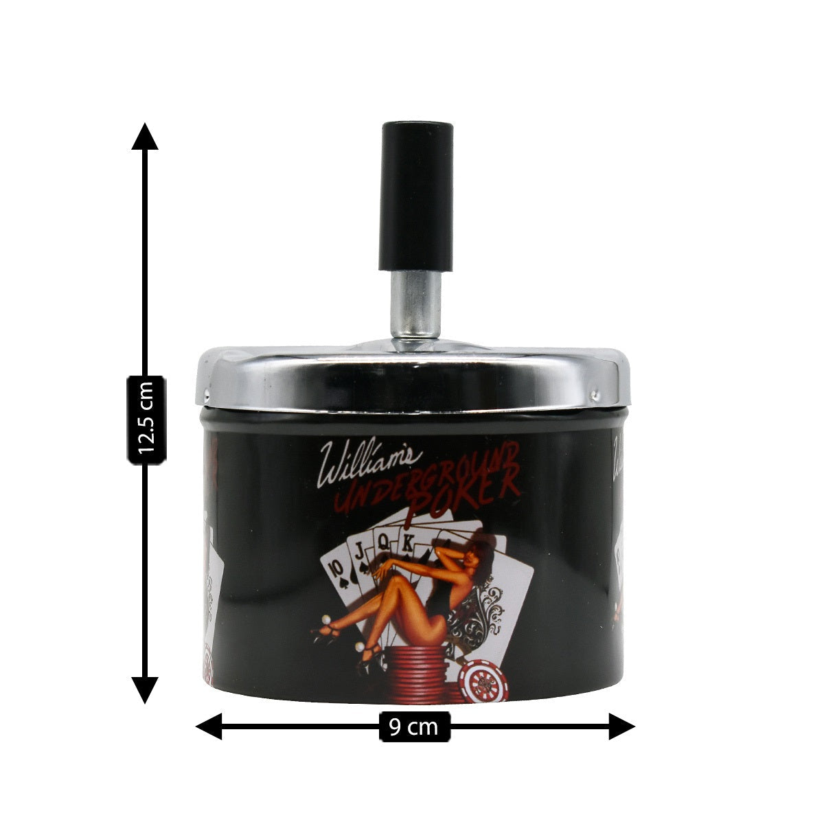 Smokeless Metal Tin Push Down Ashtray, Round, Williams Underground Poker (V-ASH-009-1)