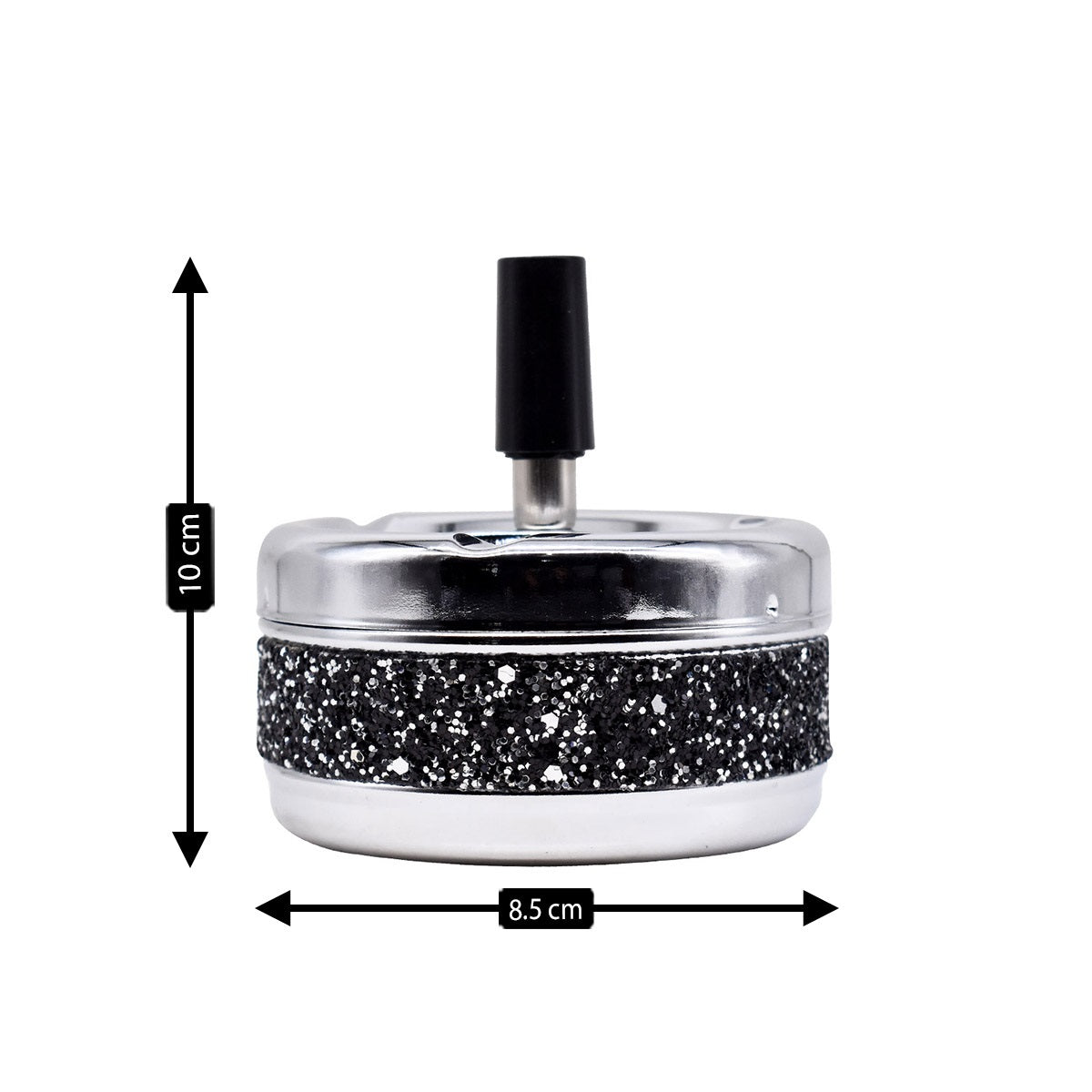 Smokeless Metal Tin Push Down Ashtray, Round, Black / Silver Glitter