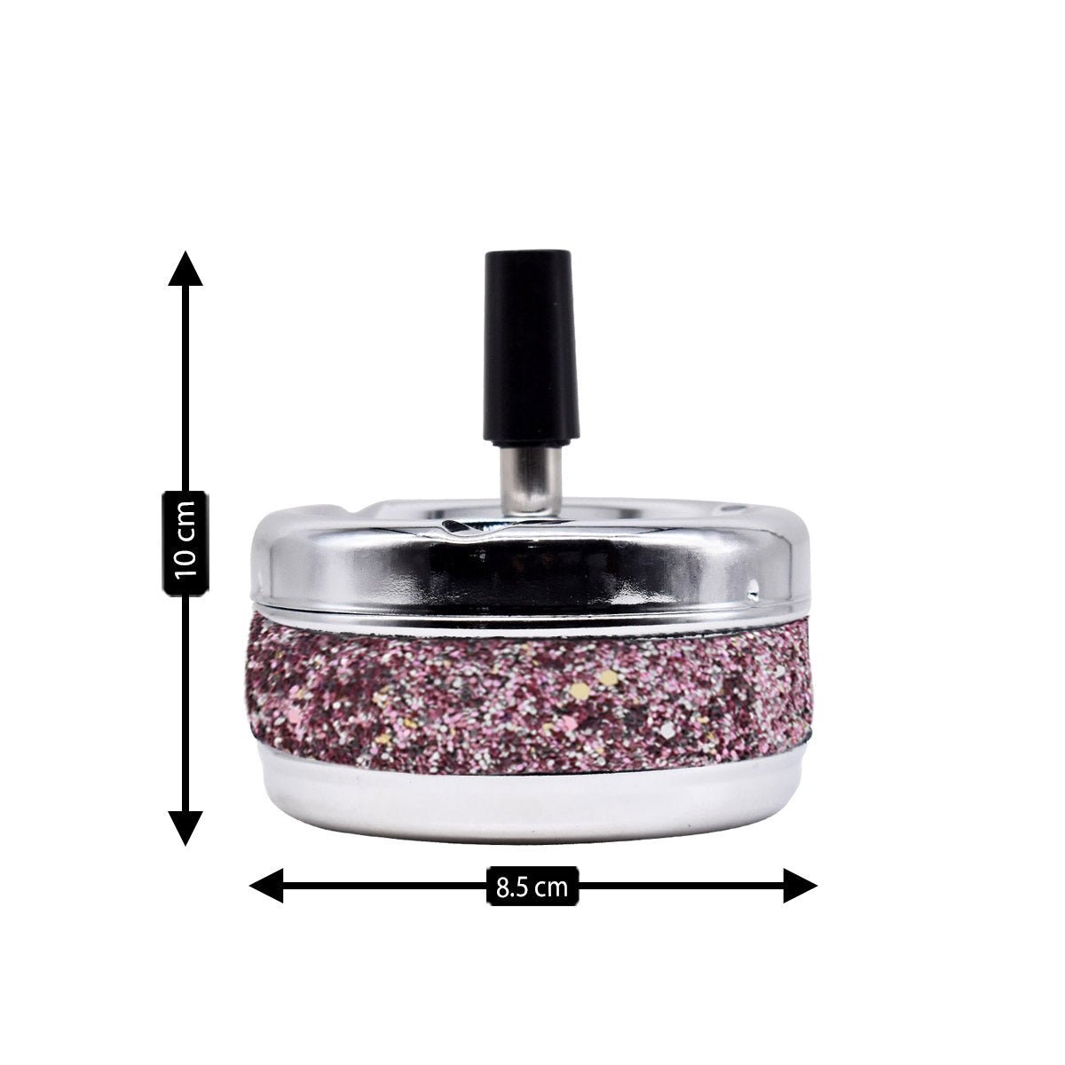 Smokeless Metal Tin Push Down Ashtray, Round, Pink / Silver Glitter