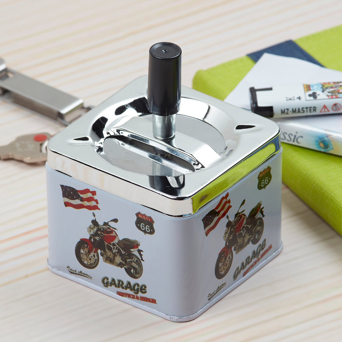 Smokeless Metal Tin Push Down Ashtray, Square, Garage Service & Repair