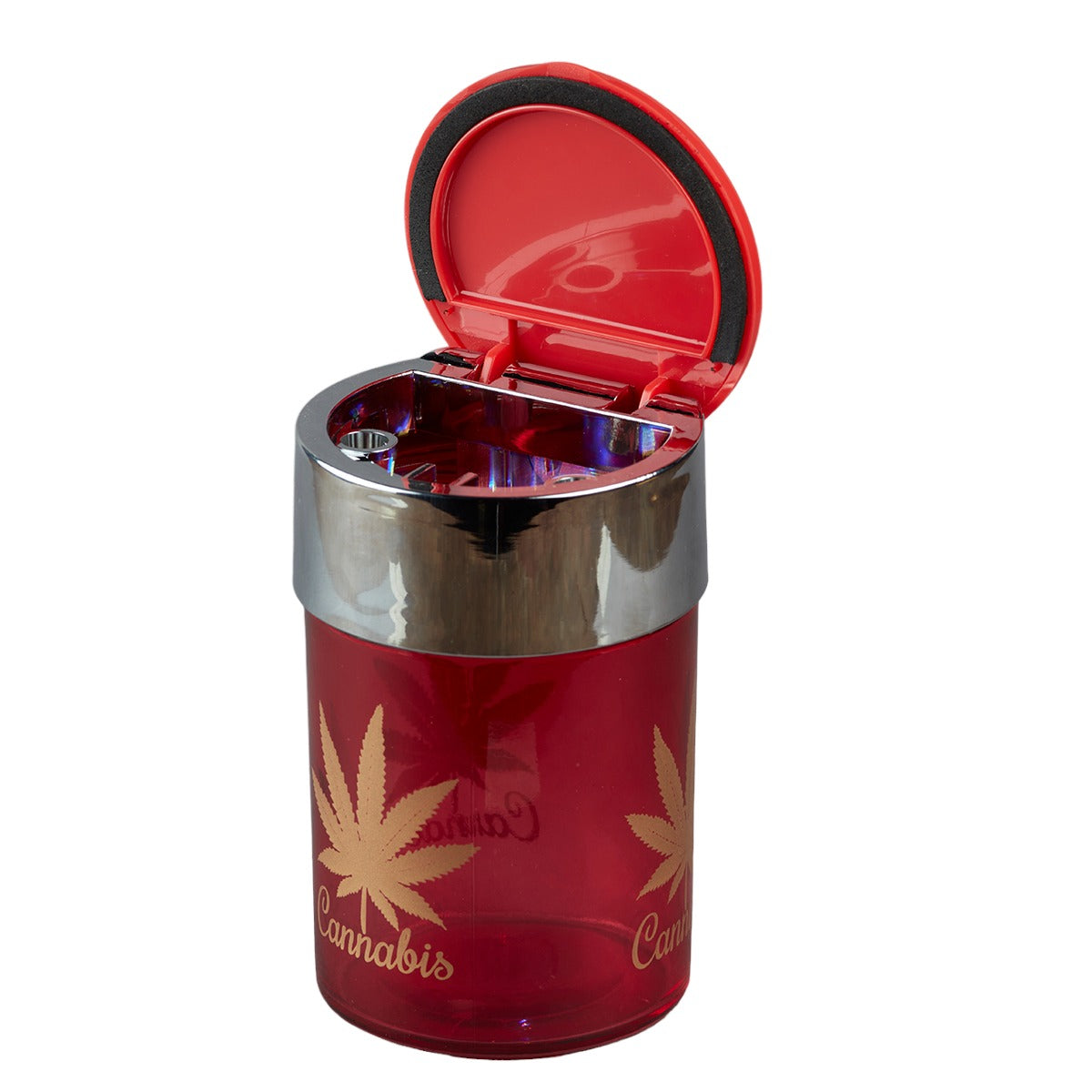 Glass Car Ashtray with LIght, Round, Red Cannabis (Diemeter: 6.5cm)