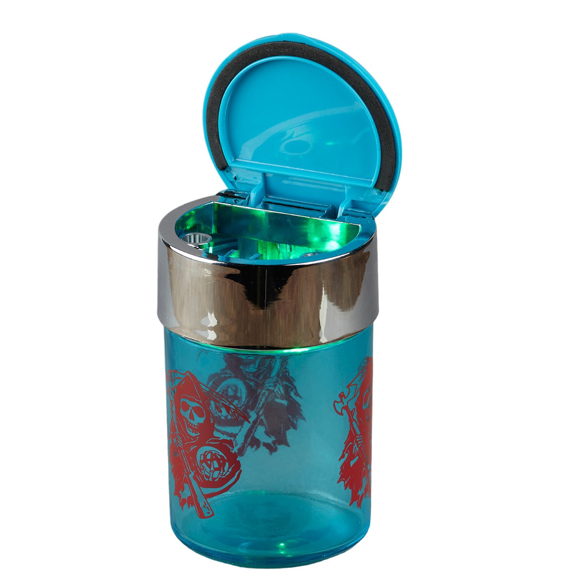 Glass Car Ashtray with LIght, Round, Red Cannabis (Diemeter: 6.5cm)