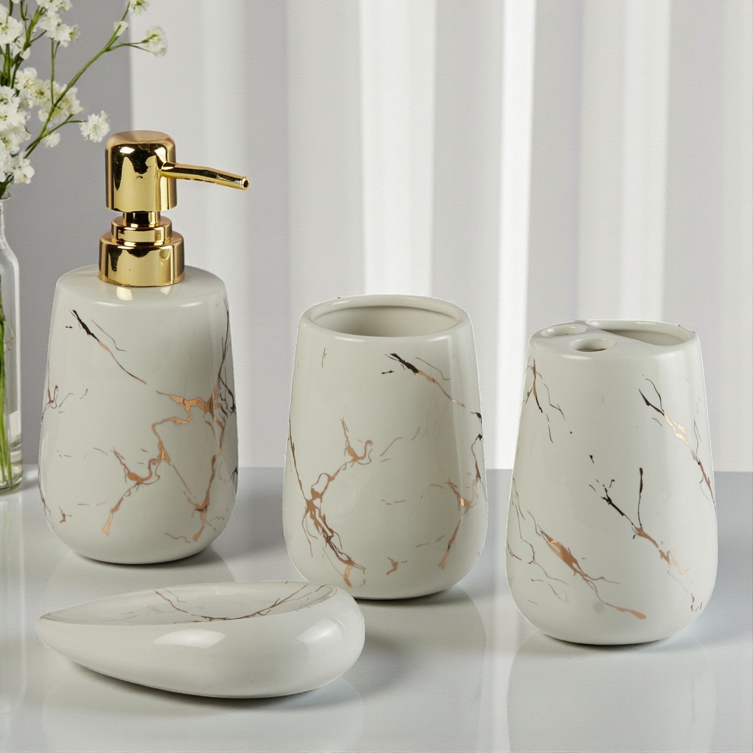 Ceramic Bathroom Accessories Set of 4 with Soap Dispenser (8842)