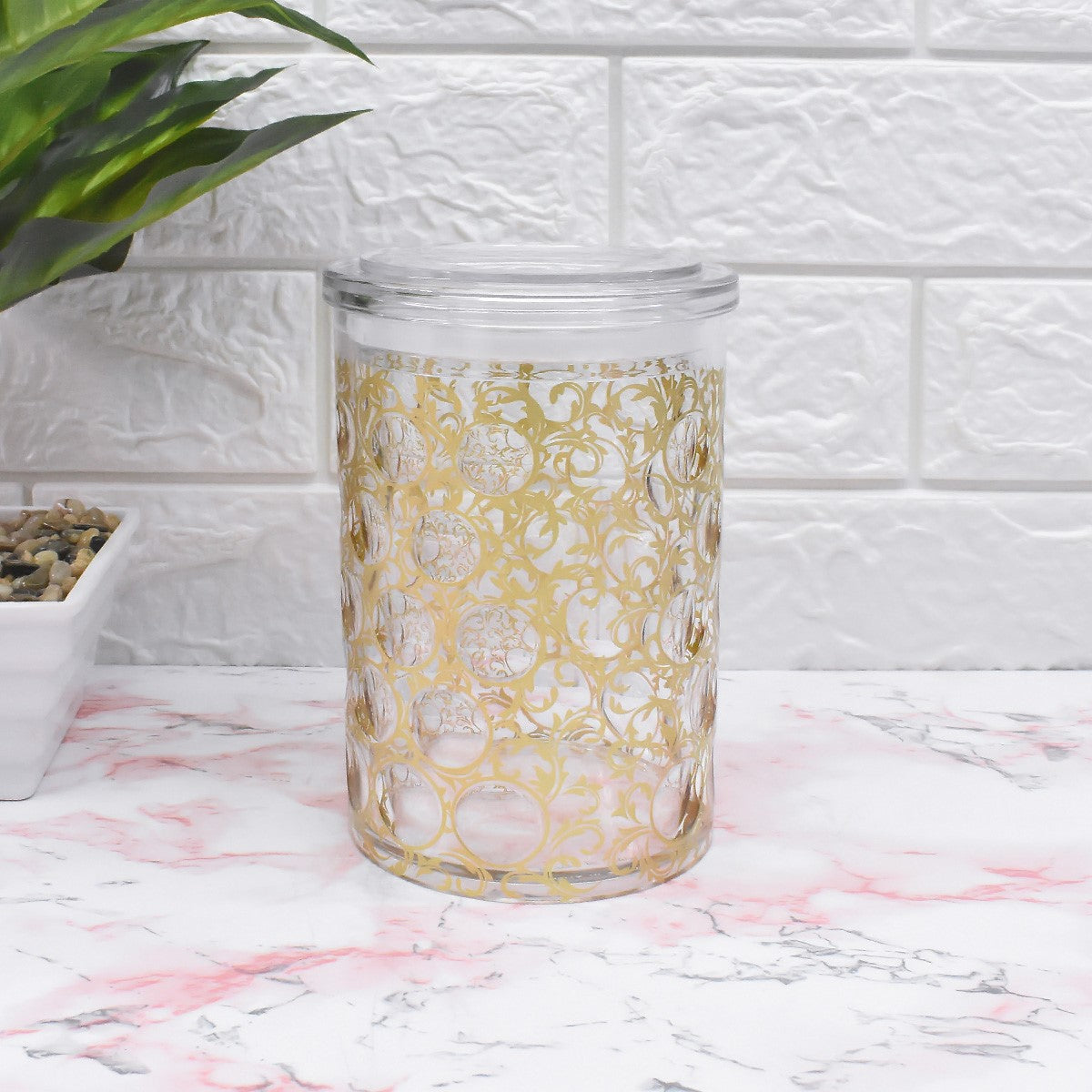 Acrylic Airtight Canister Jar & Container, Round, Gold (4x4.5 in) (8949)