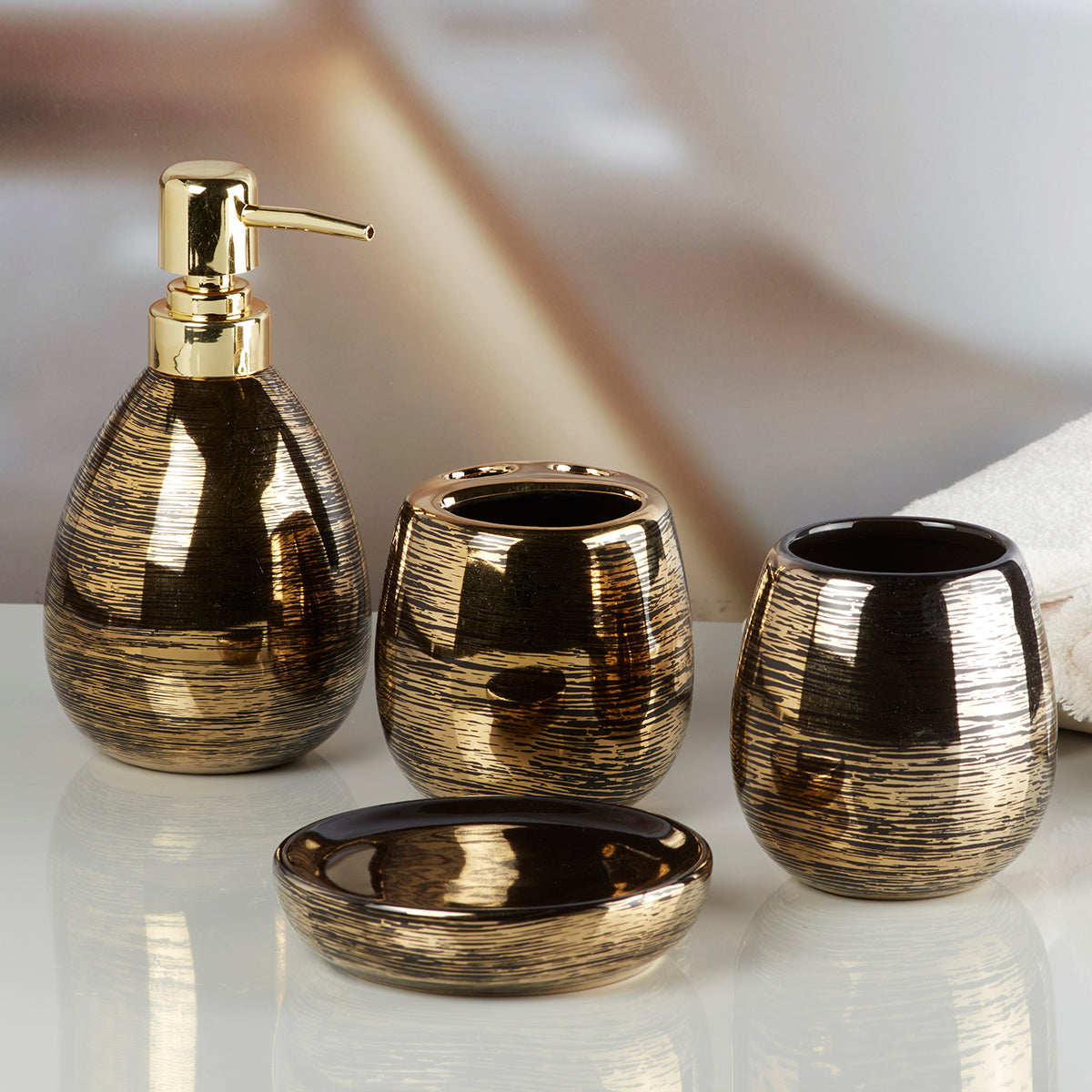 Ceramic Bathroom Accessories Set of 4 with Soap Dispenser (9593)