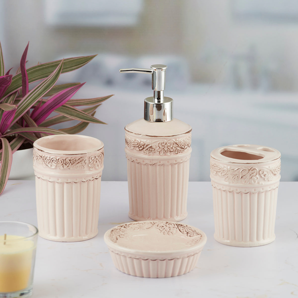 Ceramic Bathroom Set of 4 with Soap Dispenser (9595)