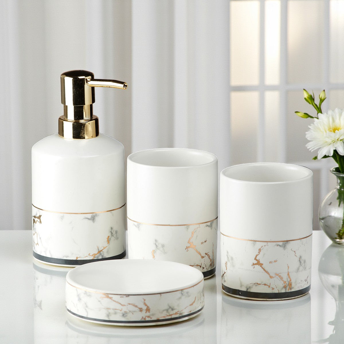 Ceramic Bathroom Accessories Set of 4 with Soap Dispenser (9603)