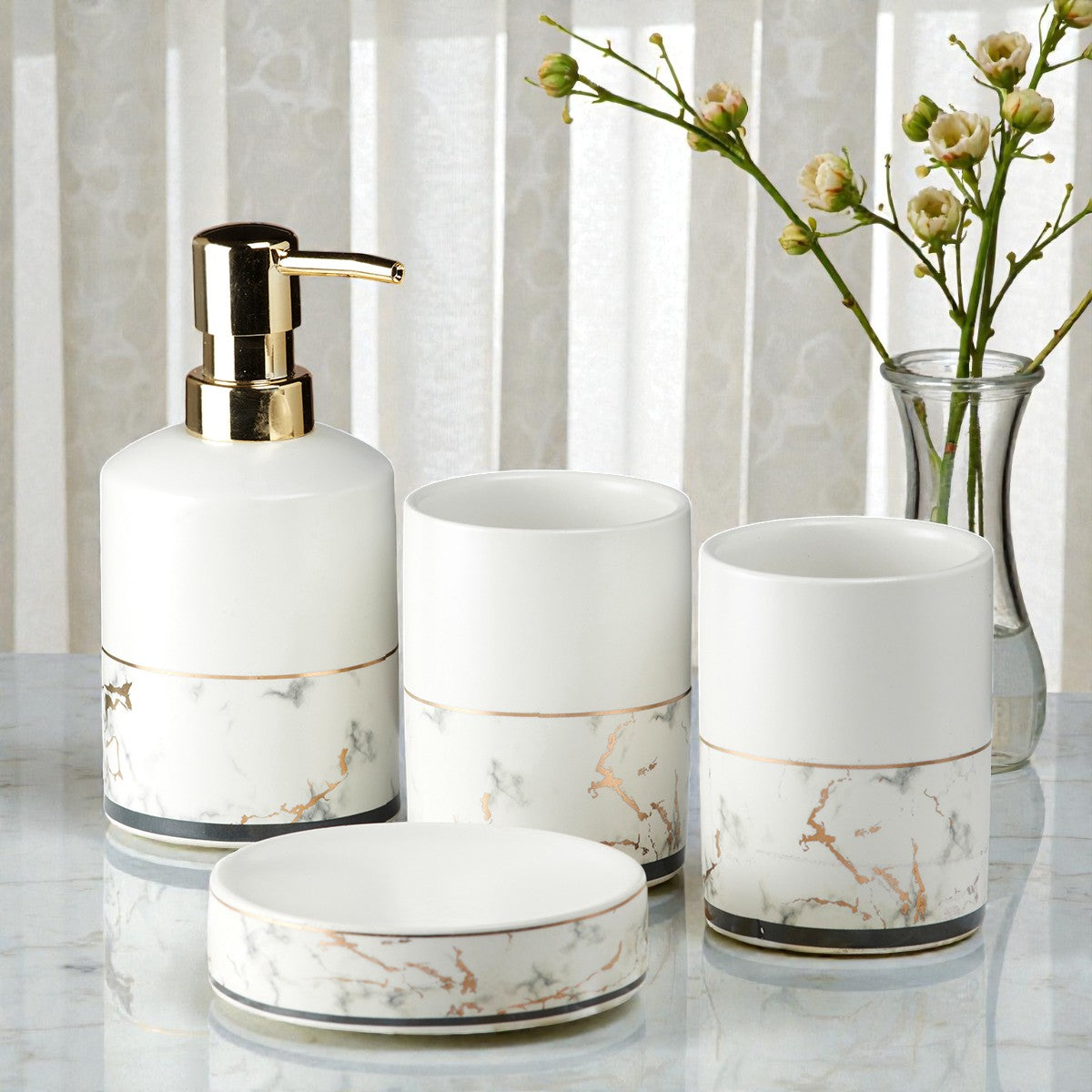 Ceramic Bathroom Accessories Set of 4 with Soap Dispenser (9603)