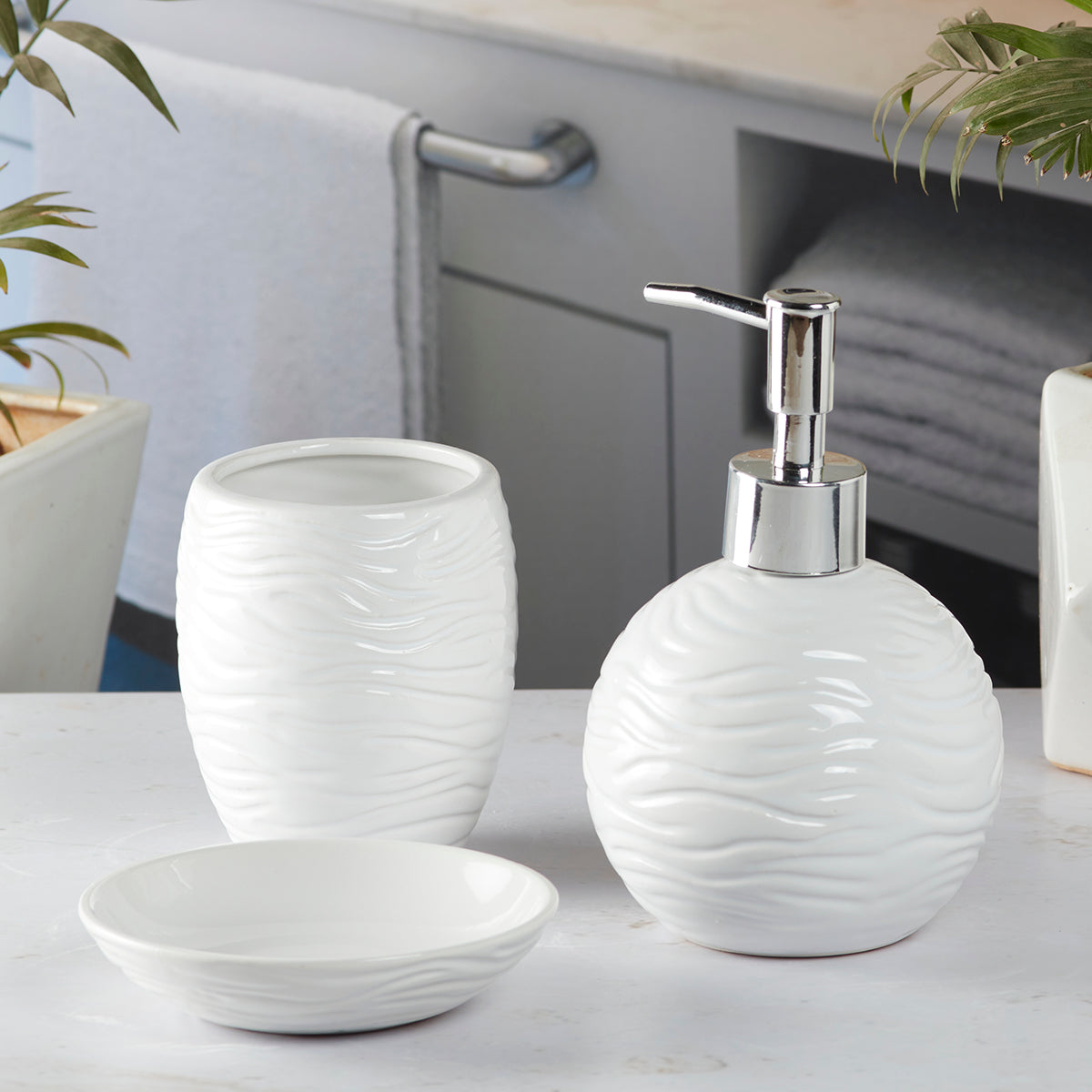 Ceramic Bathroom Accessories Set of 3 with Soap Dispenser (8338)