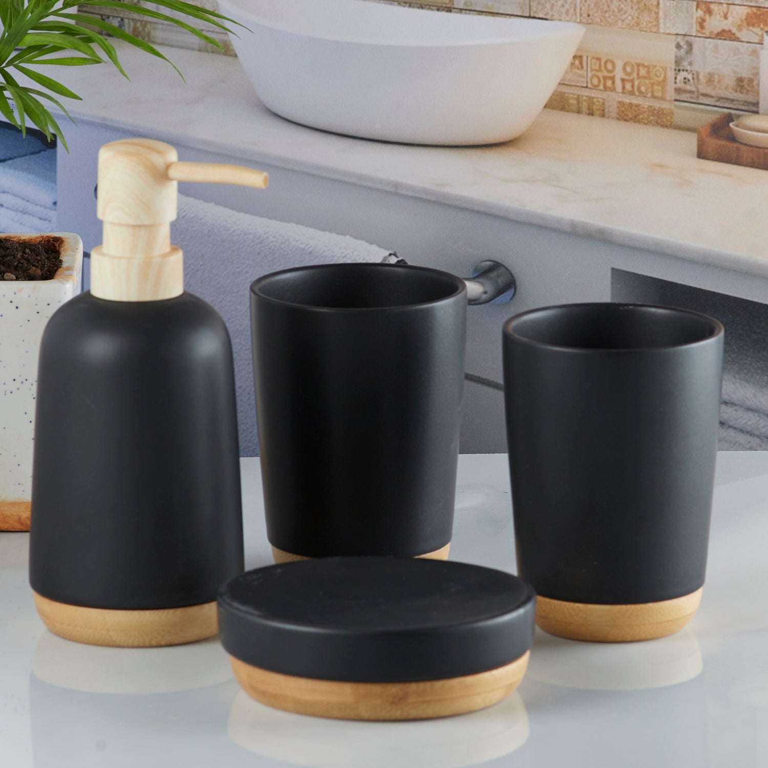 Ceramic Bathroom Accessories Set of 4 with Soap Dispenser (9619)