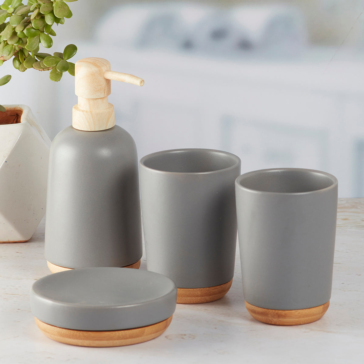 Ceramic Bathroom Accessories Set of 4 with Soap Dispenser (9619)
