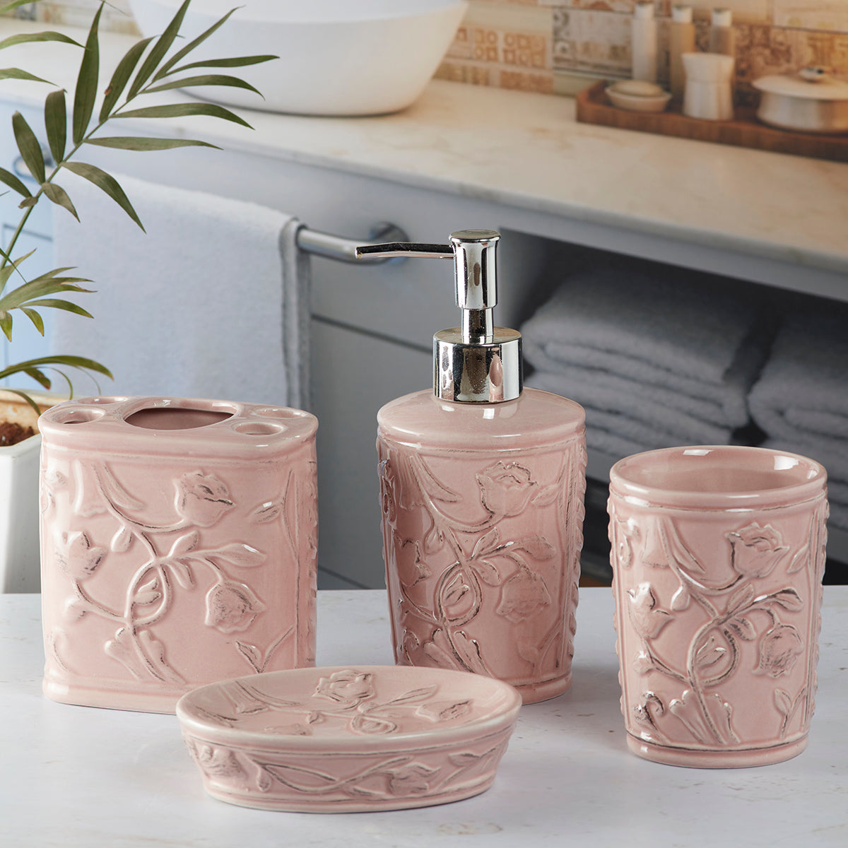 Ceramic Bathroom Set of 4 with Soap Dispenser (9635)