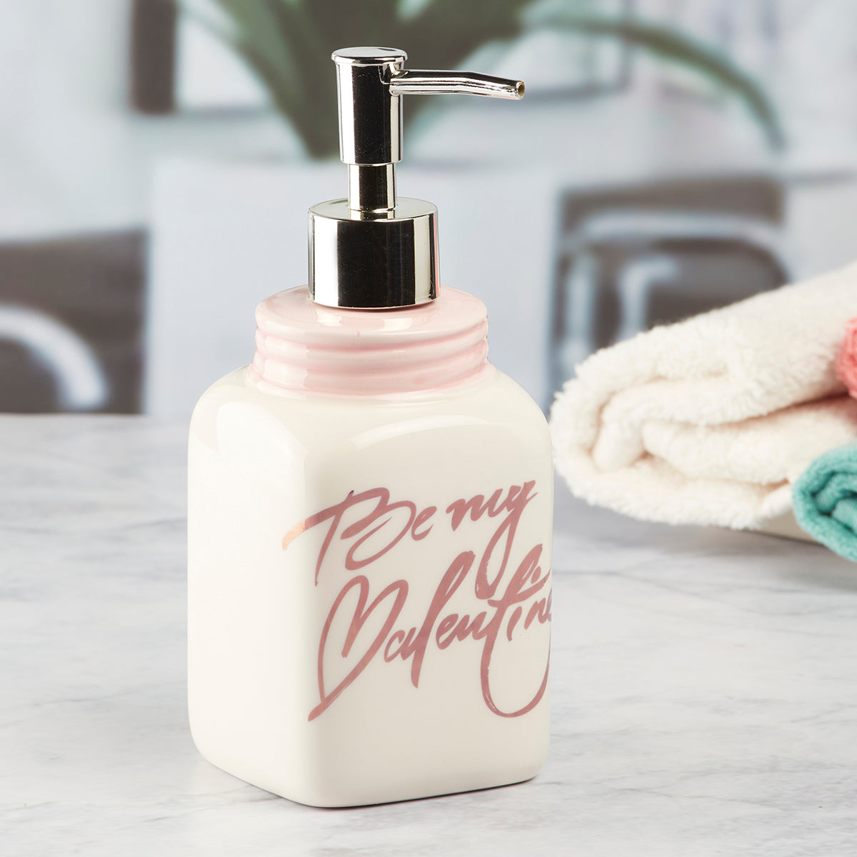 Ceramic Soap Dispenser handwash Pump for Bathroom, Set of 1, White/Pink (9651)