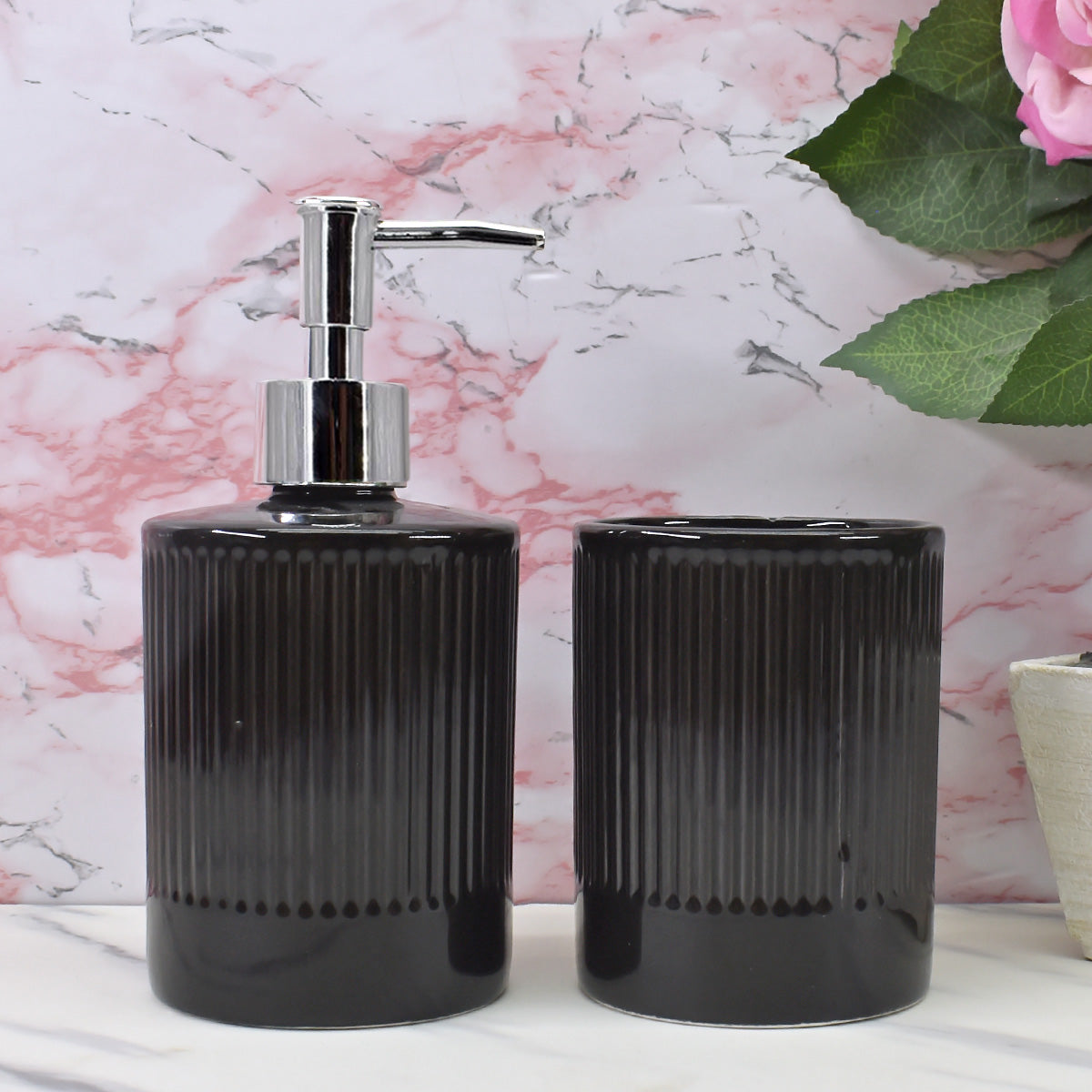 Kookee Ceramic Bathroom Accessories Set of 2, Modern Bath Set with Liquid handwash Soap Dispenser and Toothbrush holder, Luxury Gift Accessory for Home, Black (9718)