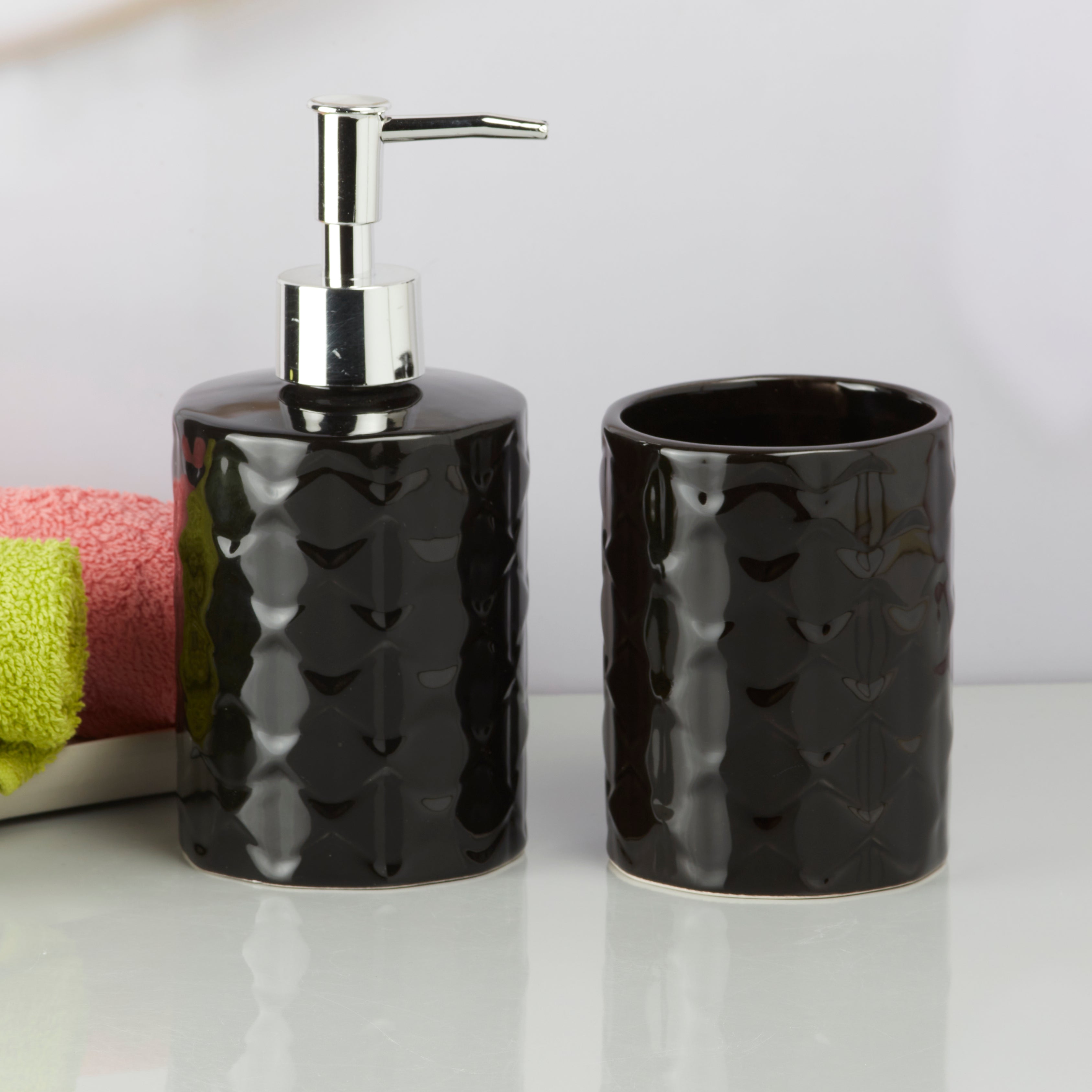 Kookee Ceramic Bathroom Accessories Set of 2, Modern Bath Set with Liquid handwash Soap Dispenser and Toothbrush holder, Luxury Gift Accessory for Home, Black (9721)