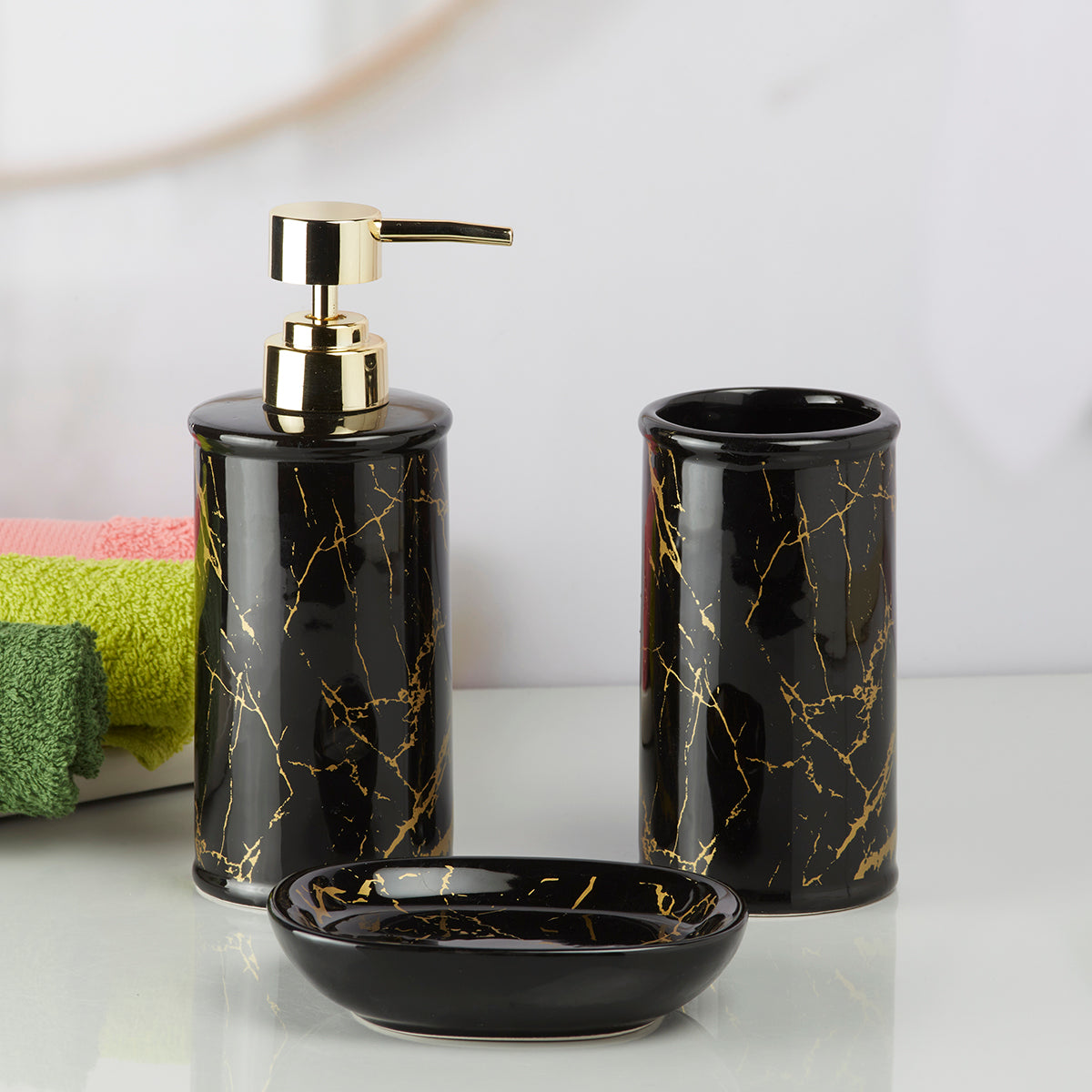 Kookee Ceramic Bathroom Accessories Set of 3, Modern Bath Set with Liquid handwash Soap Dispenser and Toothbrush holder, Luxury Gift Accessory for Home, Black/Gold (9728)