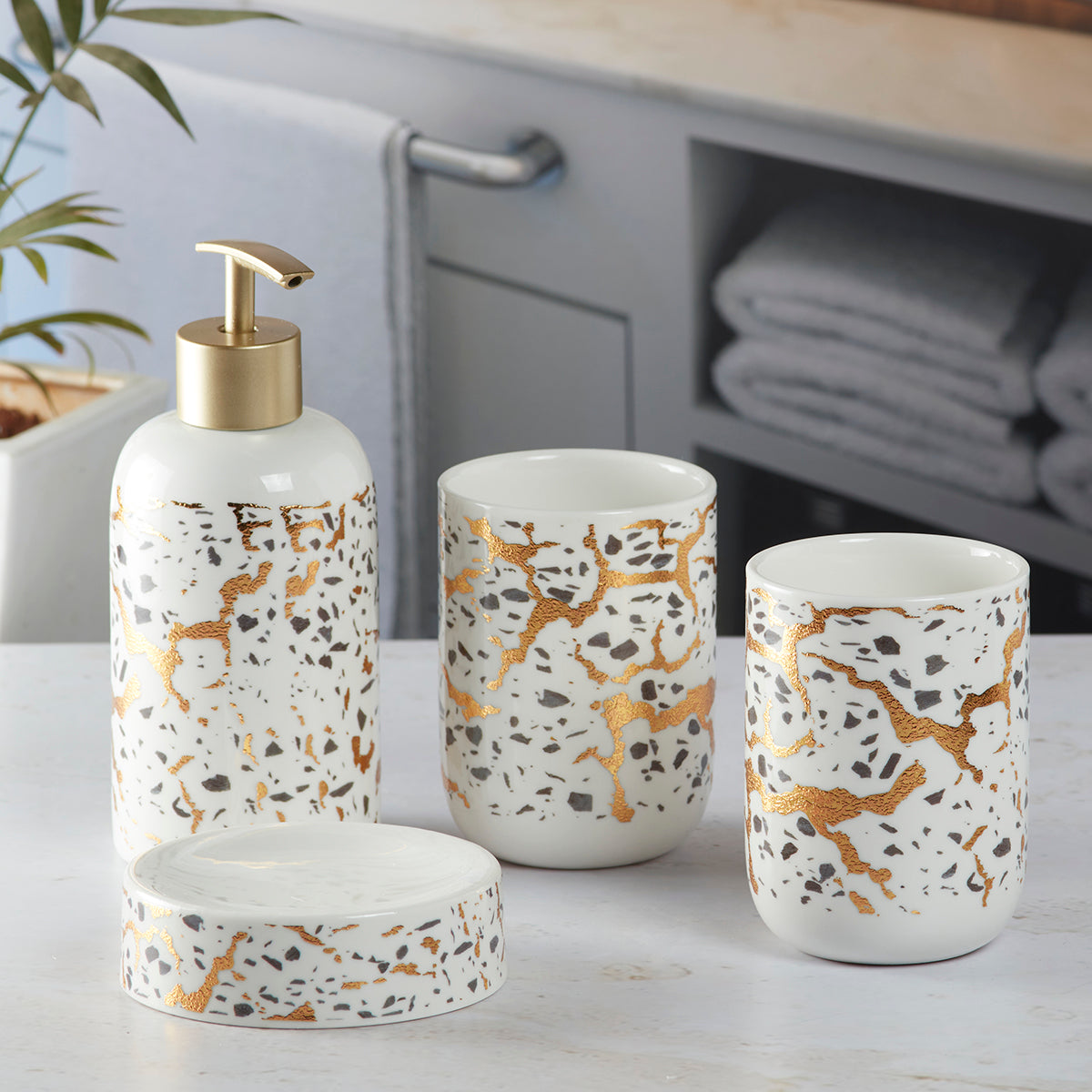 Ceramic Bathroom Accessories Set of 4 with Soap Dispenser (9740)