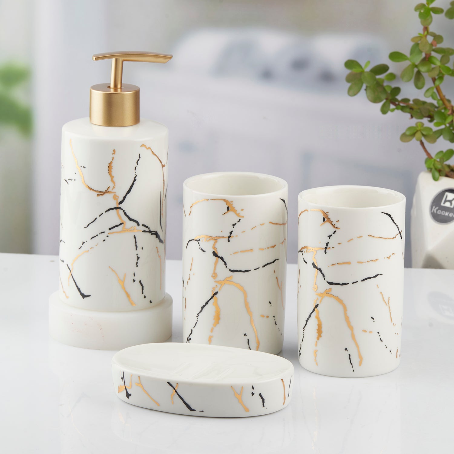 Ceramic Bathroom Accessories Set of 4 with Soap Dispenser (9741)