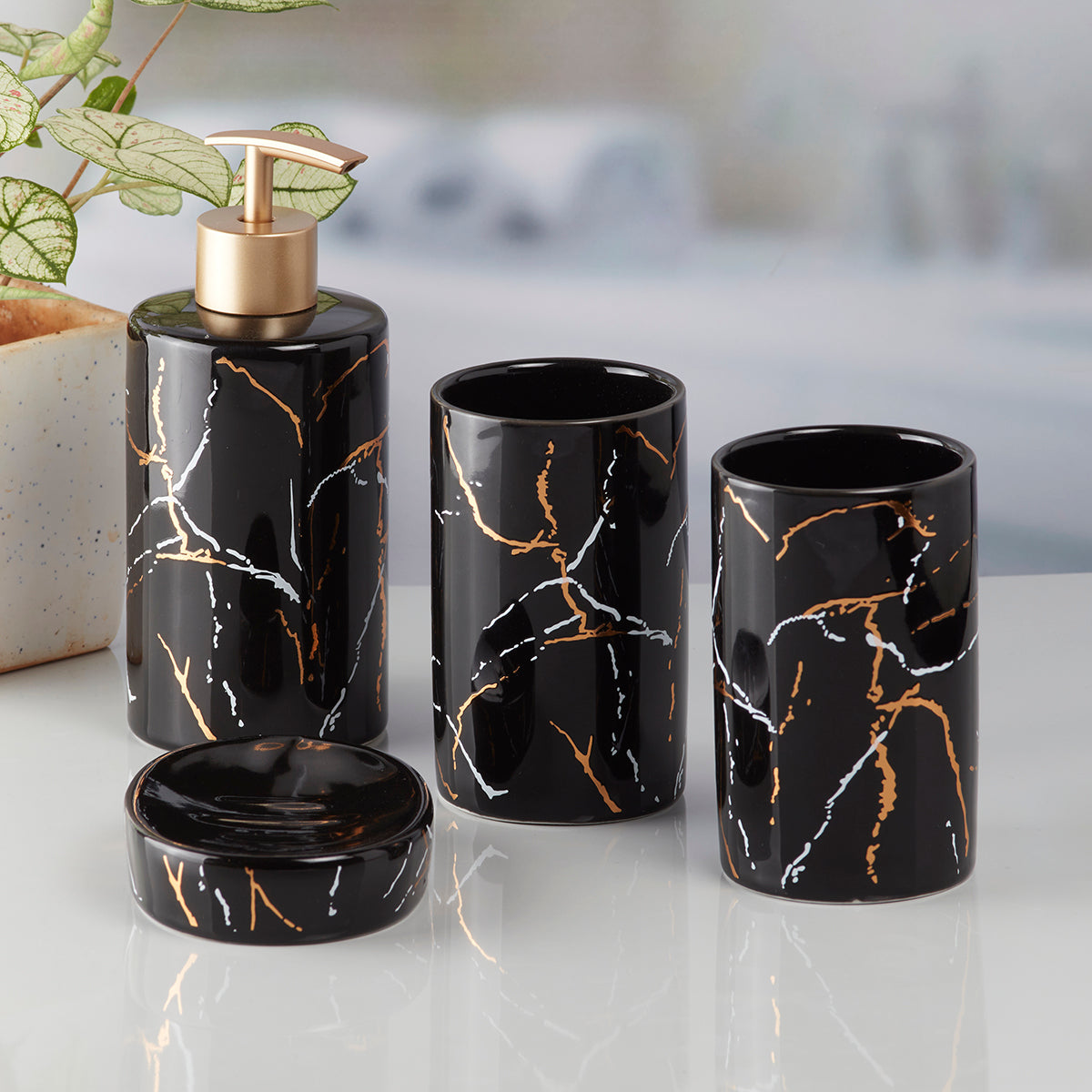 Ceramic Bathroom Accessories Set of 4 with Soap Dispenser (9741)