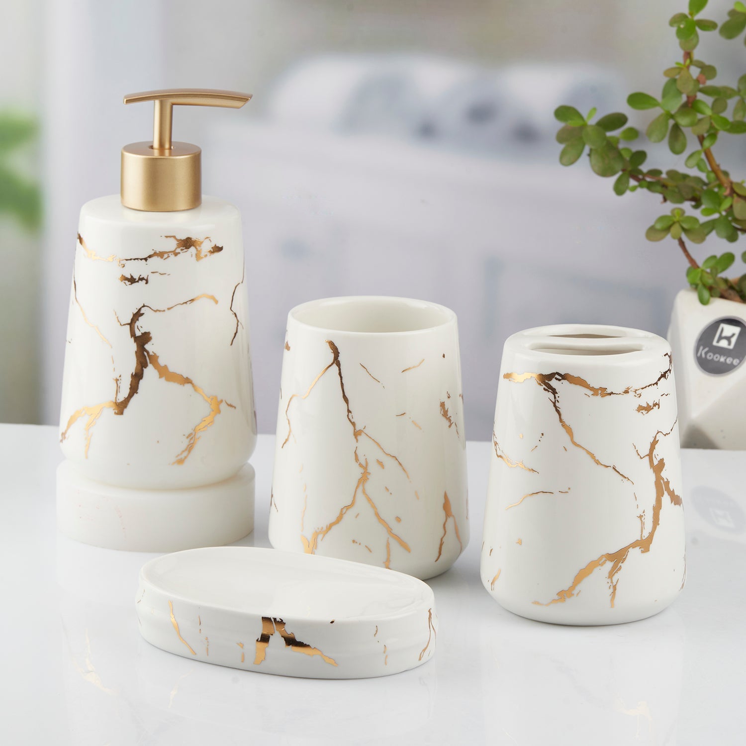 Ceramic Bathroom Set of 4 with Soap Dispenser (9746)