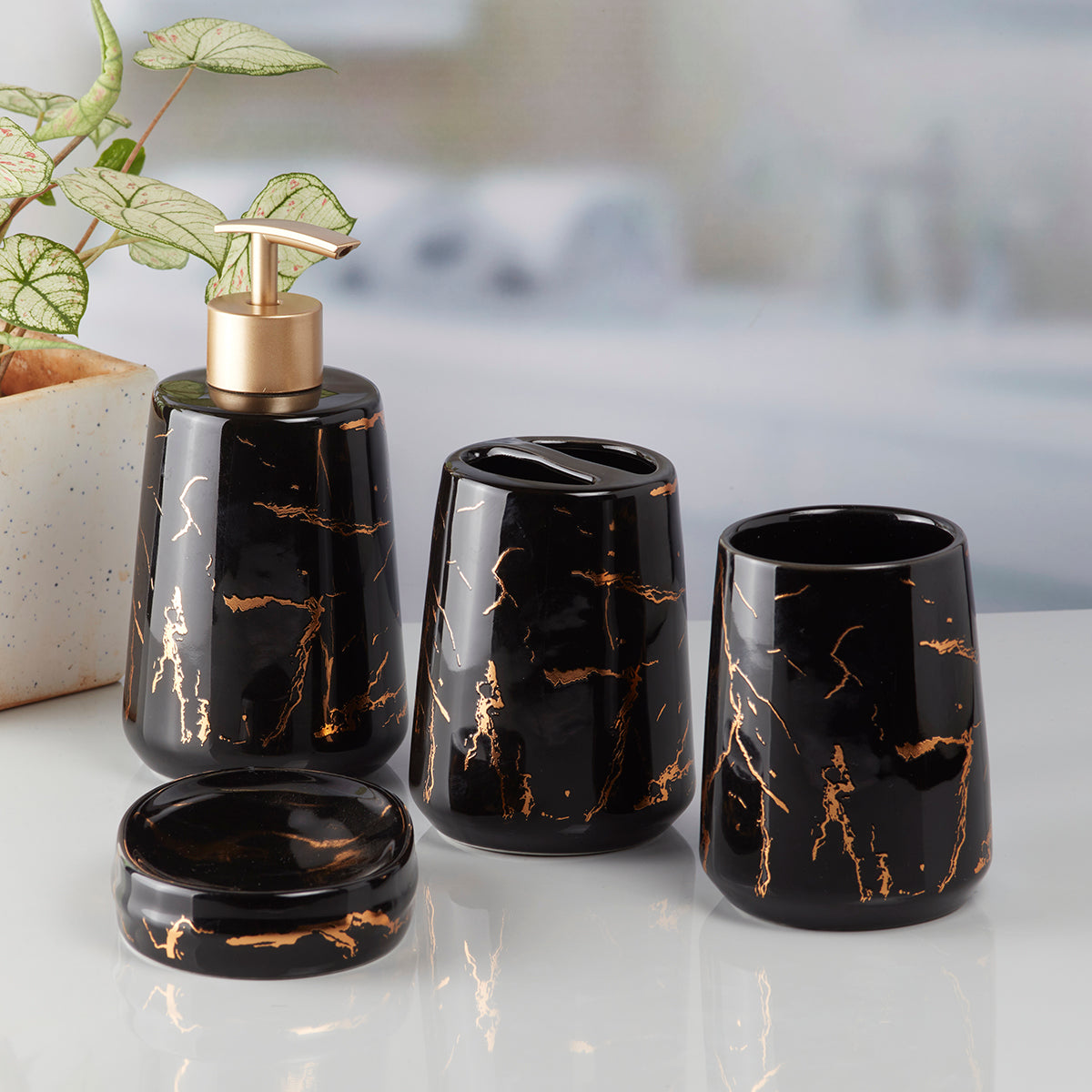 Ceramic Bathroom Set of 4 with Soap Dispenser (9746)
