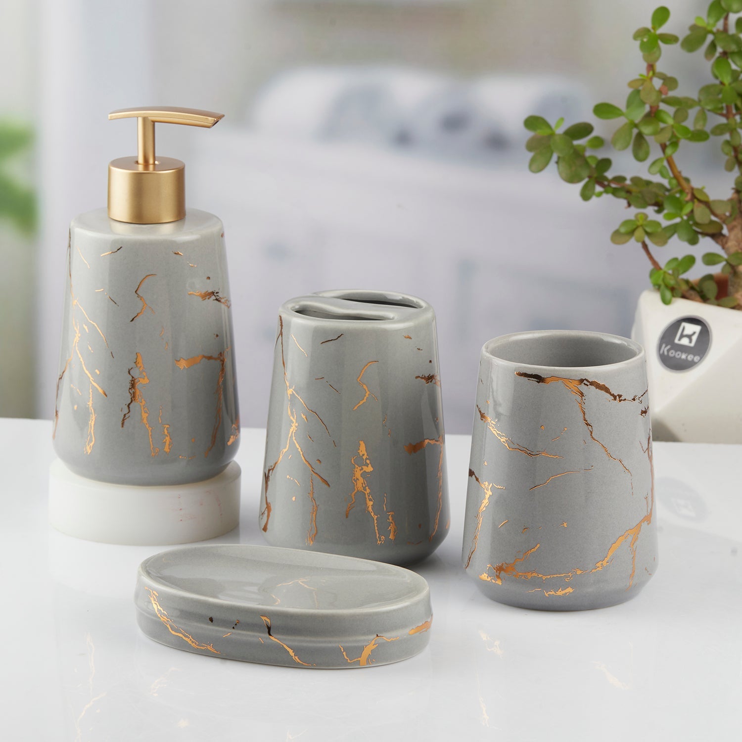 Ceramic Bathroom Set of 4 with Soap Dispenser (9746)