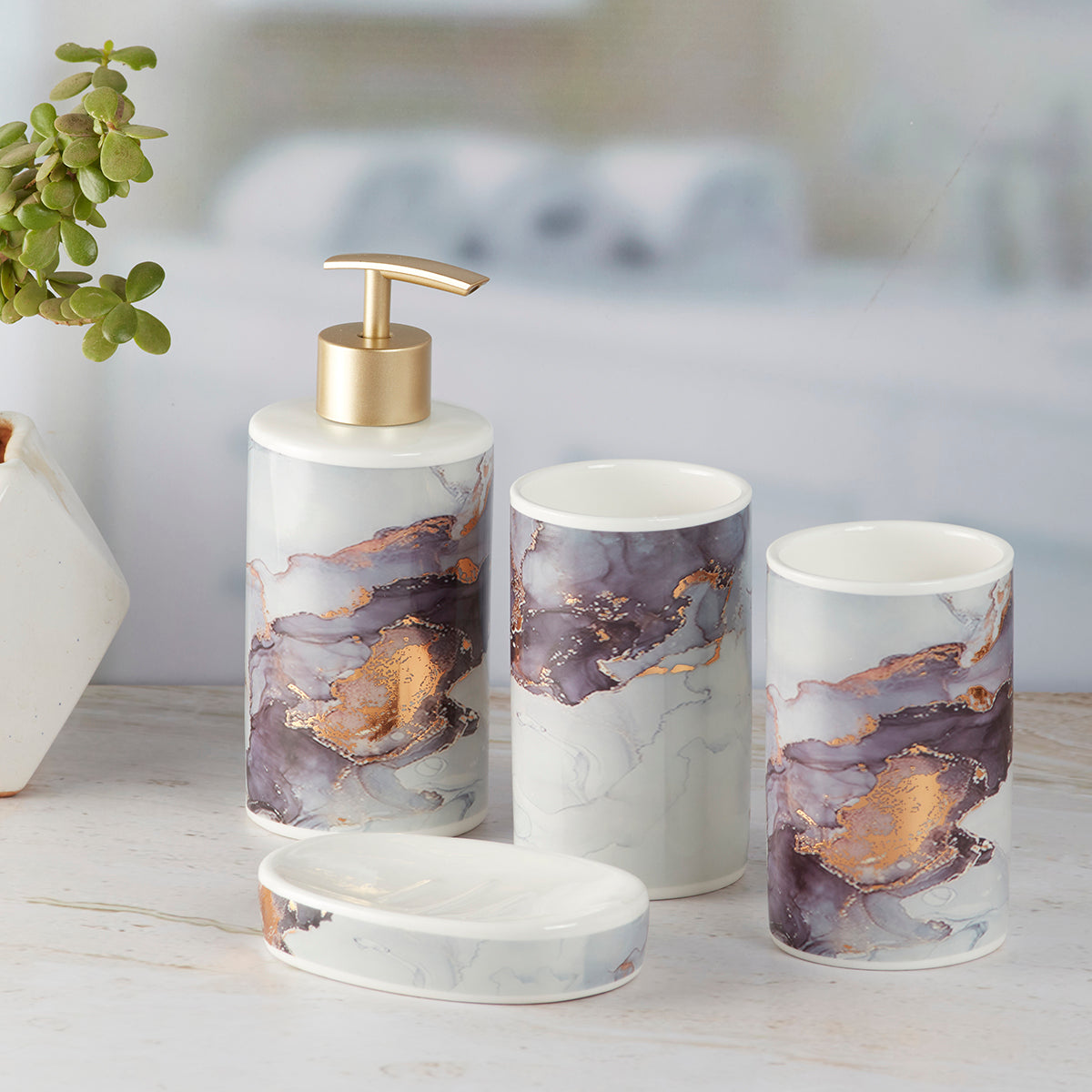 Ceramic Bathroom Accessories Set of 4 with Soap Dispenser (9749)