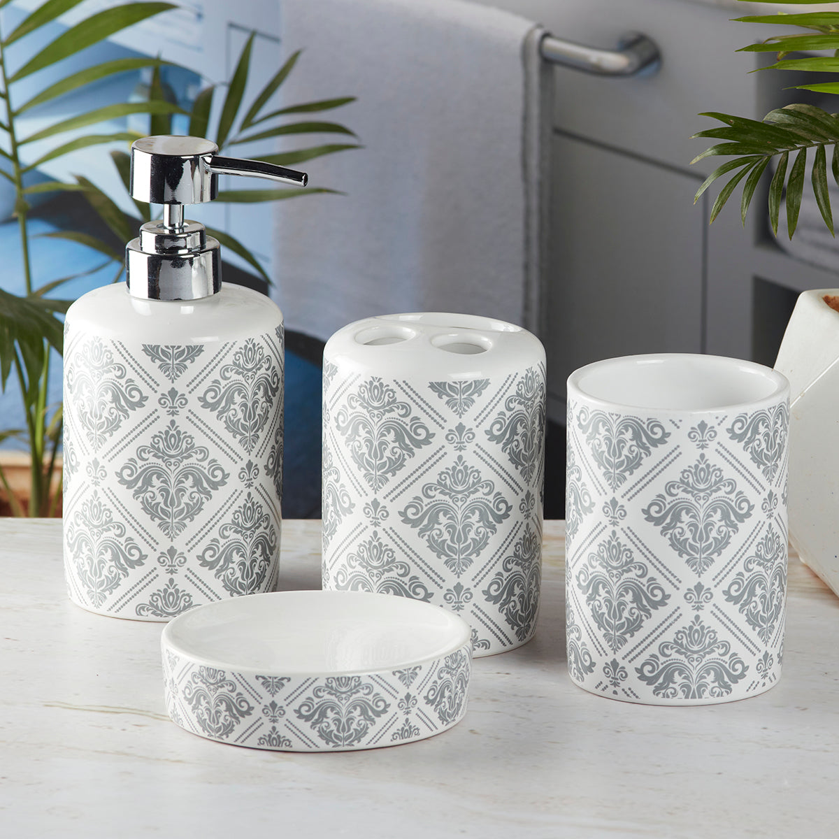 Ceramic Bathroom Set of 4 with Soap Dispenser (9752)