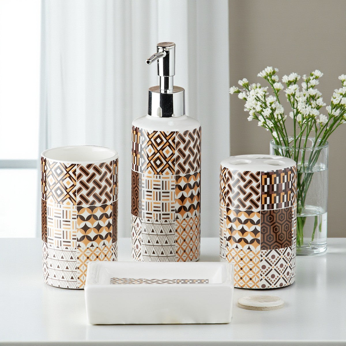 Ceramic Bathroom Set of 4 with Soap Dispenser (9755)