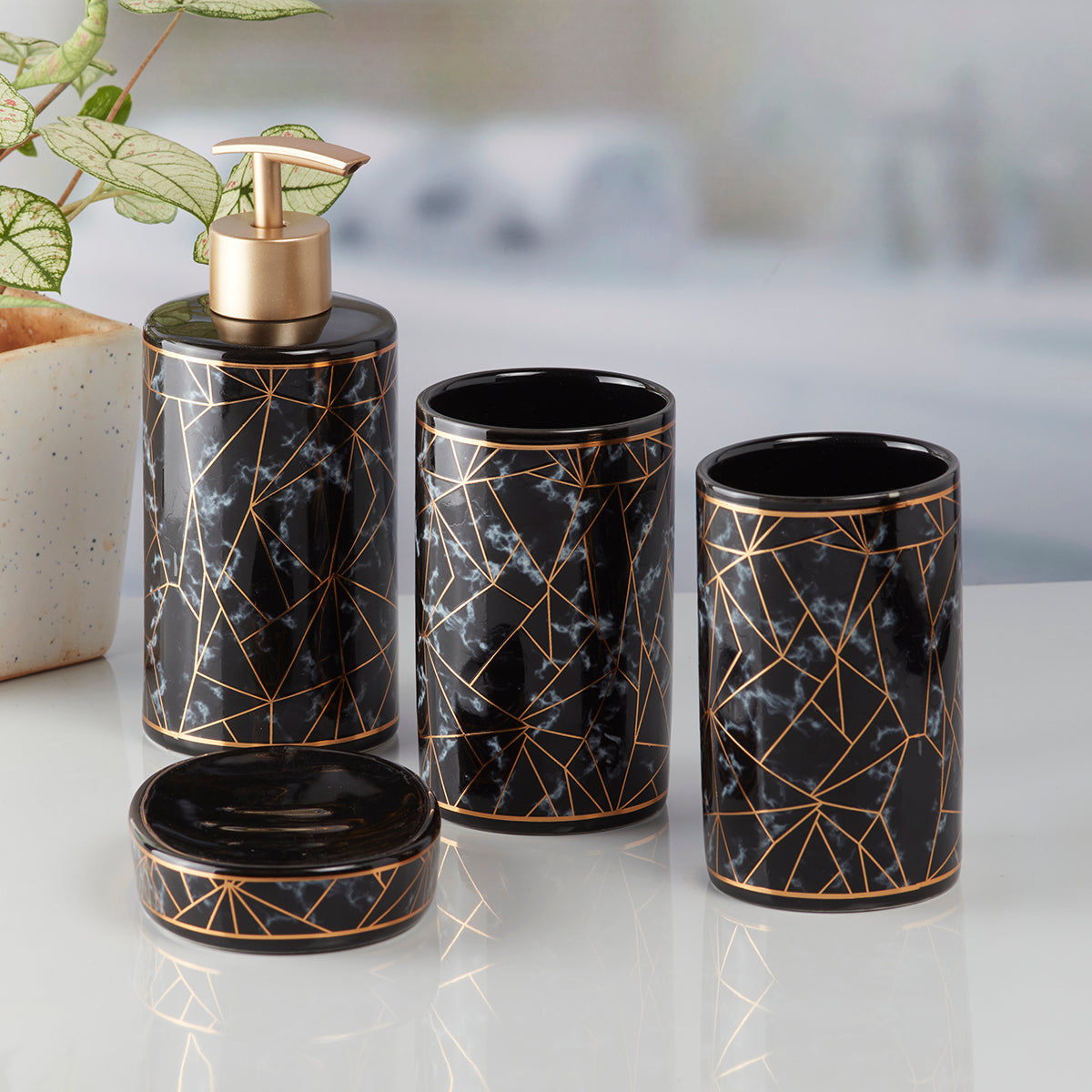 Ceramic Bathroom Set of 4 with Soap Dispenser (9757)