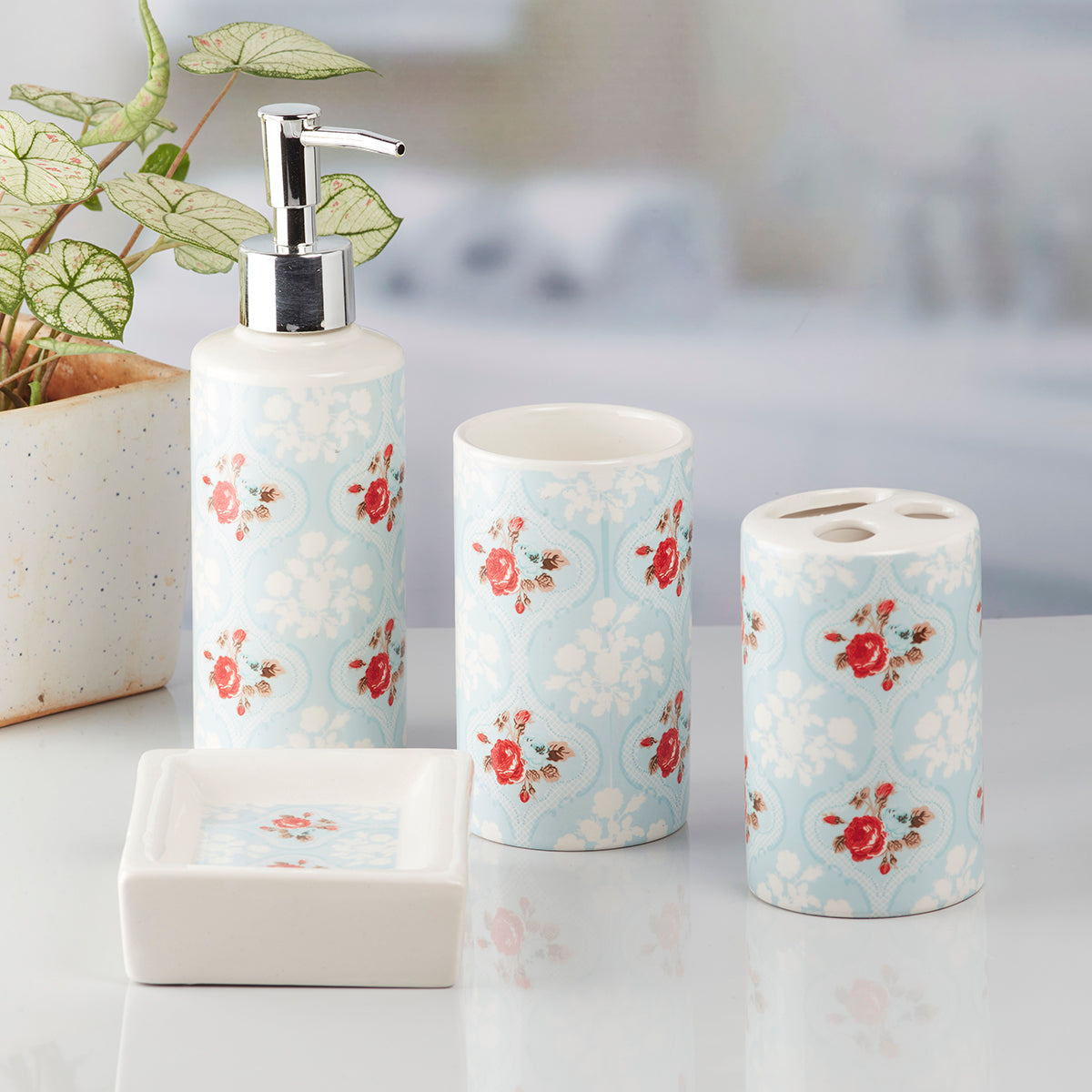 Ceramic Bathroom Set of 4 with Soap Dispenser (9761)