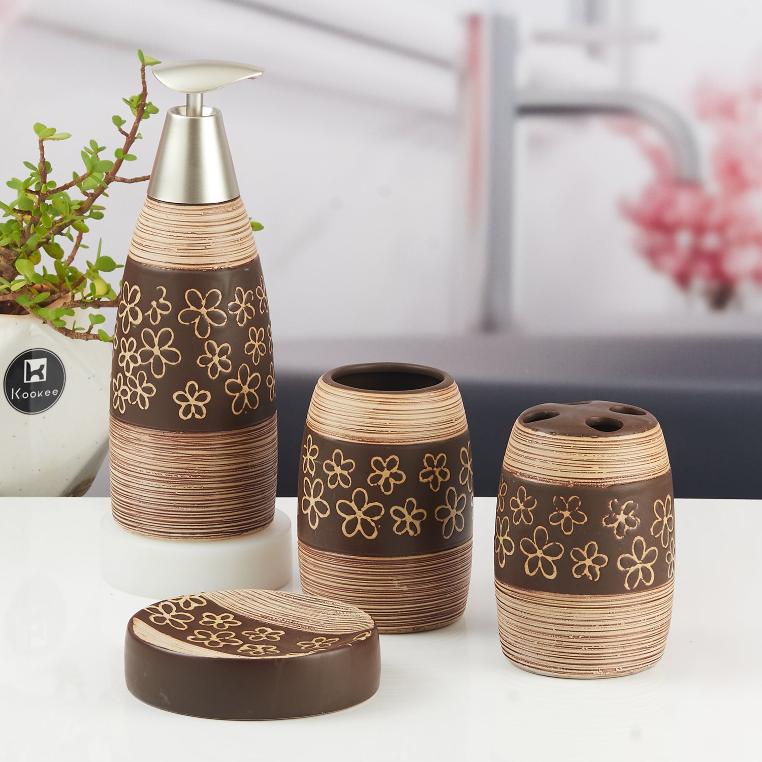 Ceramic Bathroom Accessories Set of 4 with Soap Dispenser (9842)