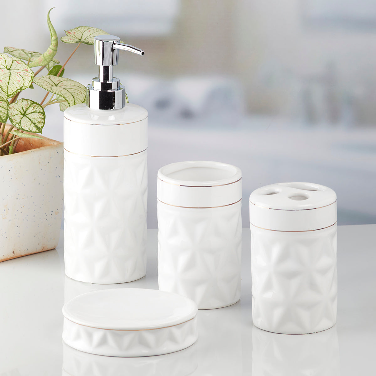 Ceramic Bathroom Accessories Set of 4 with Soap Dispenser (9847)