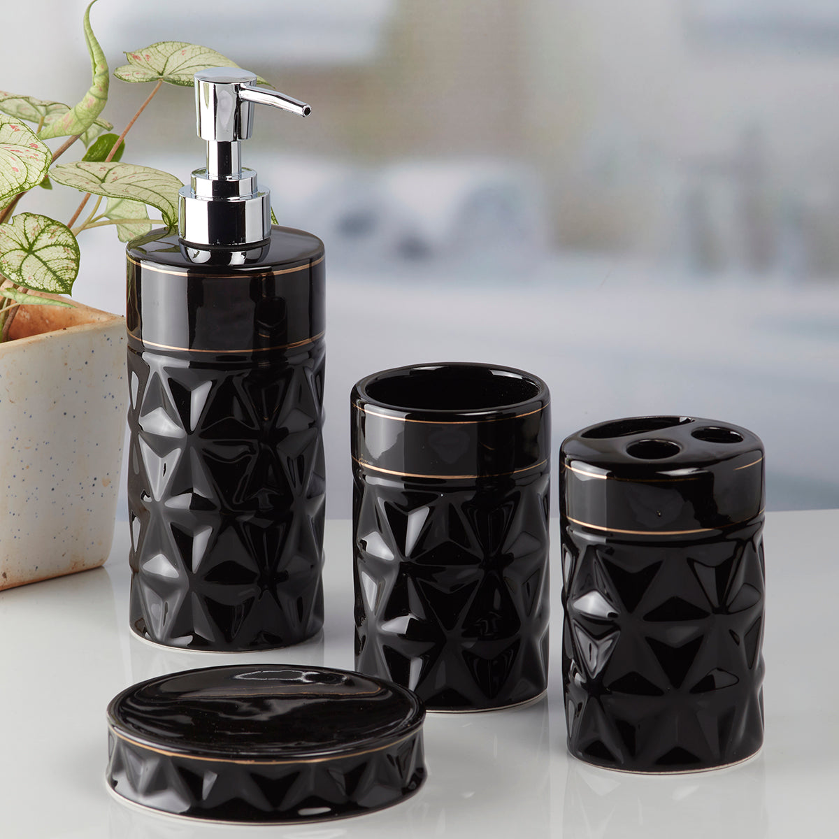 Ceramic Bathroom Accessories Set of 4 with Soap Dispenser (9847)