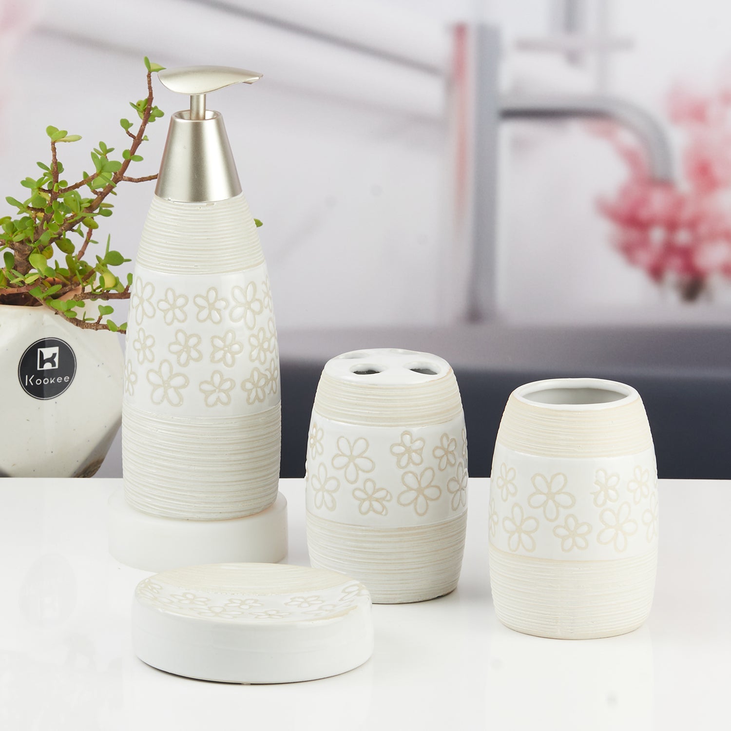 Ceramic Bathroom Accessories Set of 4 with Soap Dispenser (9849)