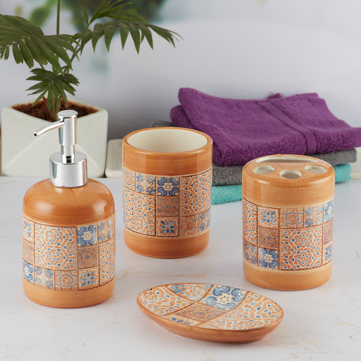 Ceramic Bathroom Accessories Set of 4 with Soap Dispenser (9859)
