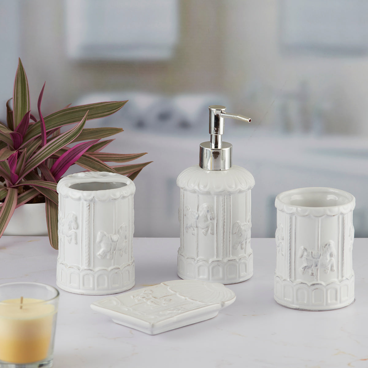 Ceramic Bathroom Set of 4 with Soap Dispenser (9863)