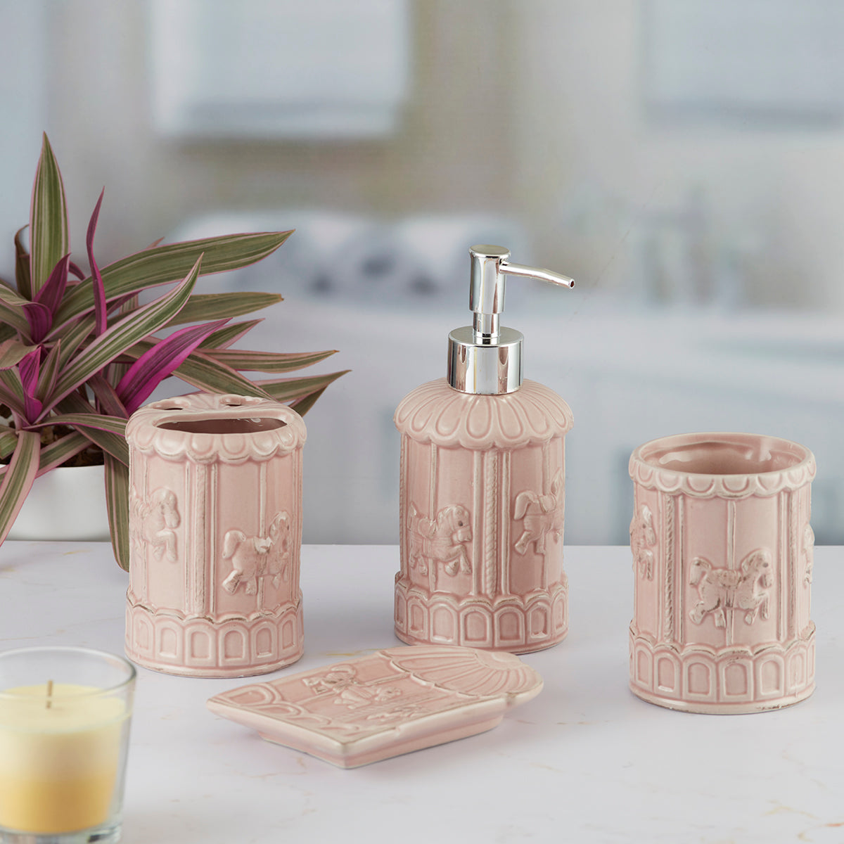 Ceramic Bathroom Set of 4 with Soap Dispenser (9863)