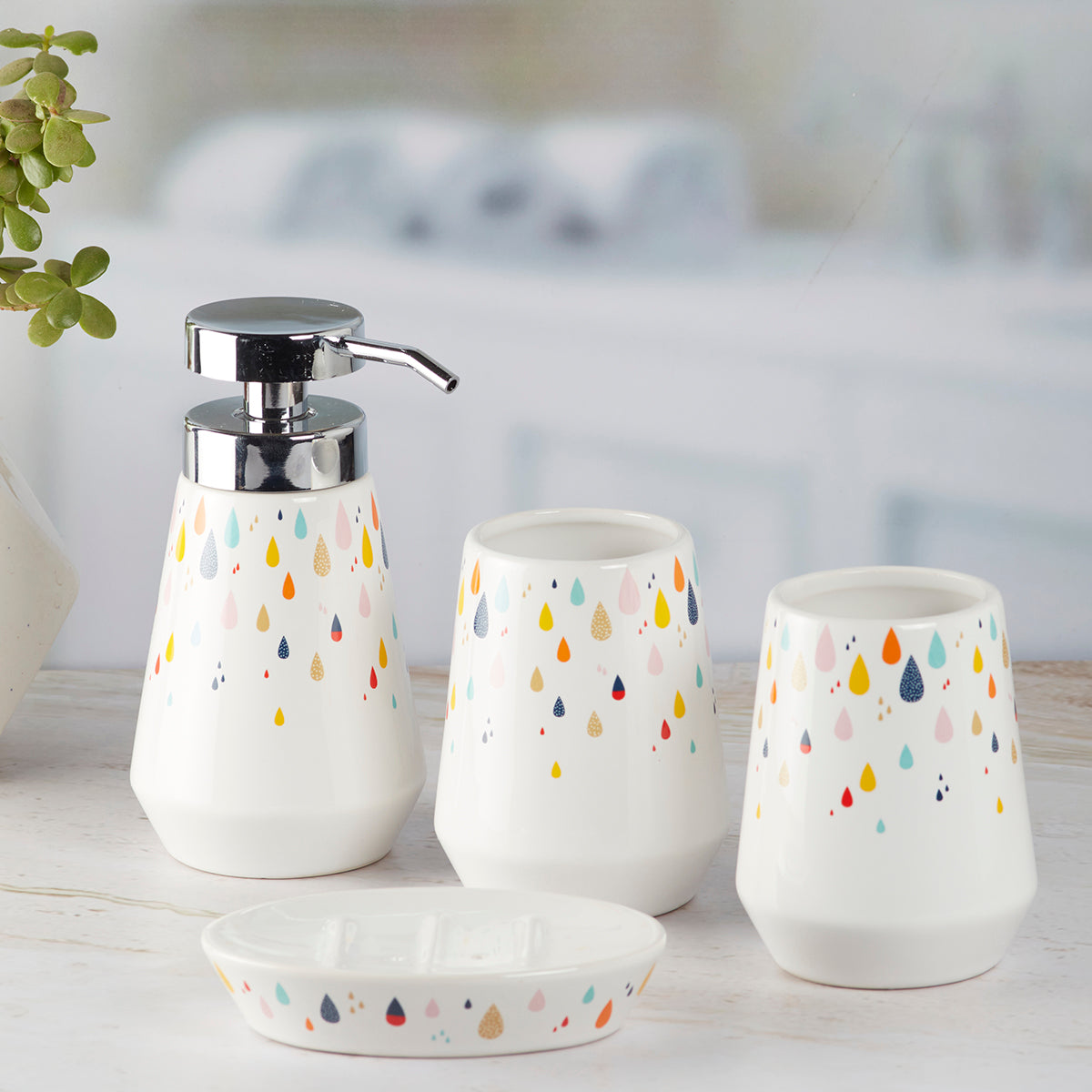 Ceramic Bathroom Accessories Set of 4 with Soap Dispenser (9870)