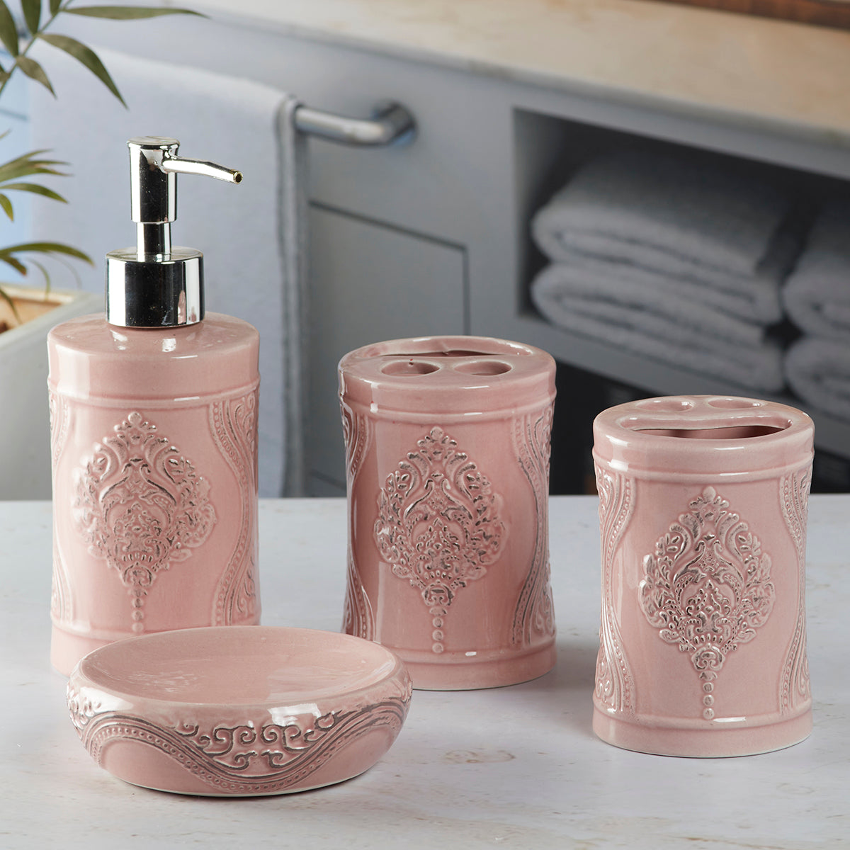 Ceramic Bathroom Set of 4 with Soap Dispenser (9872)