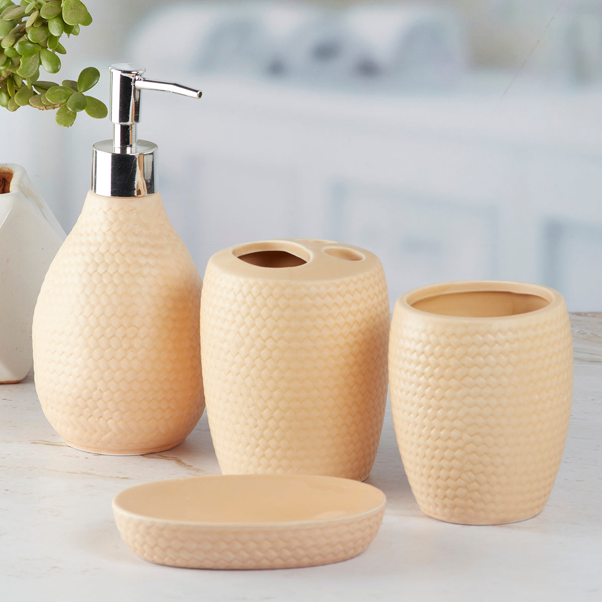 Ceramic Bathroom Set of 4 with Soap Dispenser (9875)