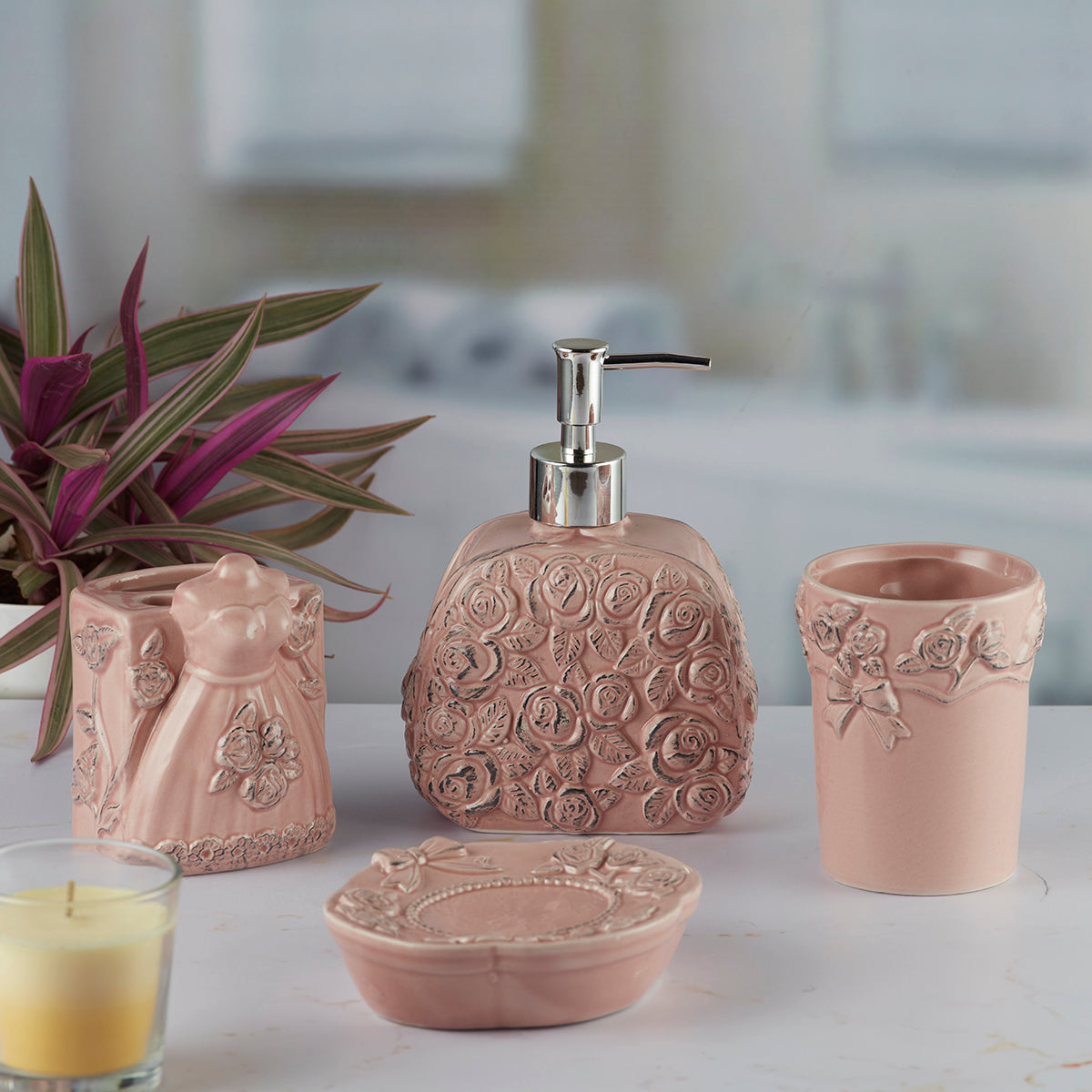 Ceramic Bathroom Set of 4 with Soap Dispenser (9877)