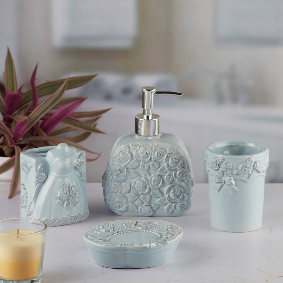Ceramic Bathroom Set of 4 with Soap Dispenser (9877)
