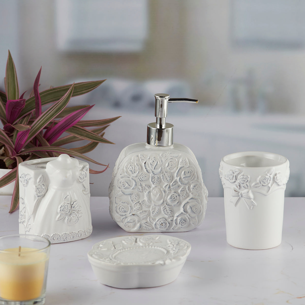 Ceramic Bathroom Set of 4 with Soap Dispenser (9877)