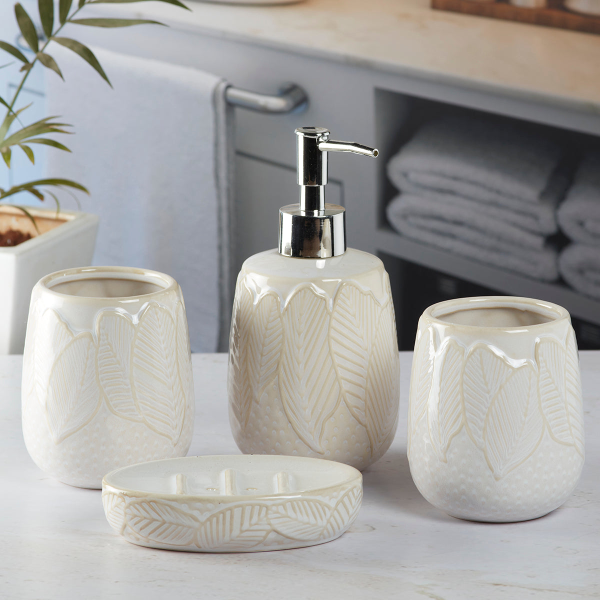 Ceramic Bathroom Accessories Set of 4 with Soap Dispenser (9885)