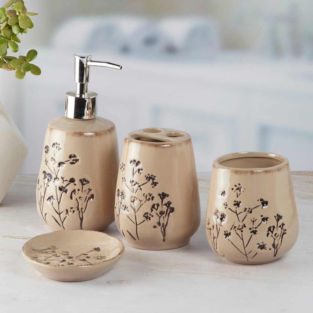 Ceramic Bathroom Set of 4 with Soap Dispenser (9887)