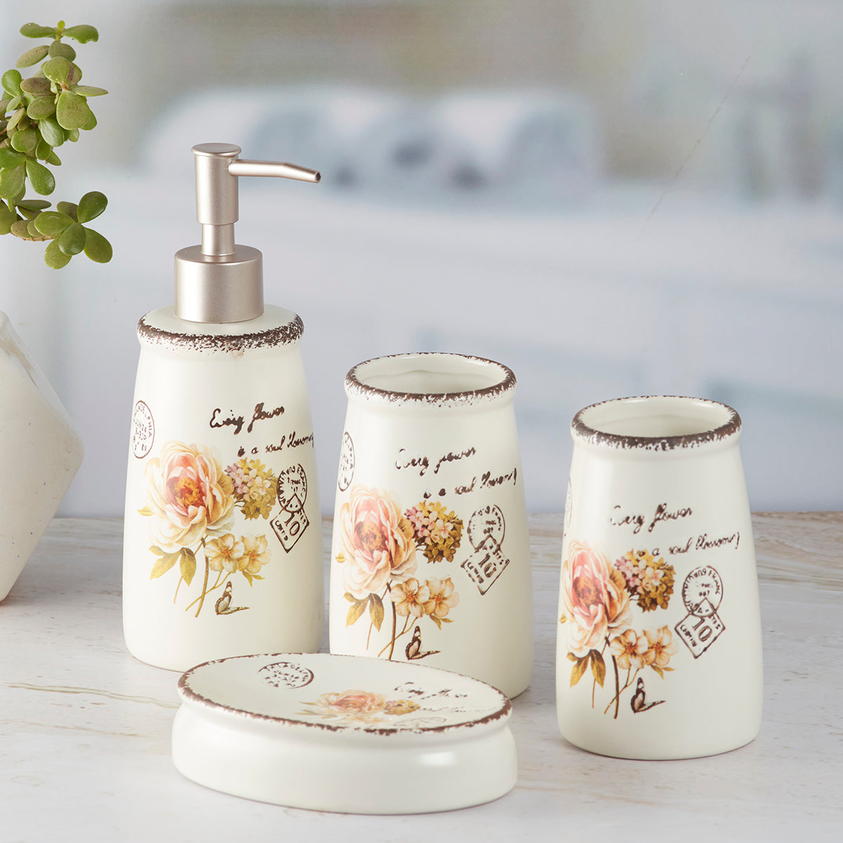 Ceramic Bathroom Accessories Set of 4 Bath Set with Soap Dispenser (9889)